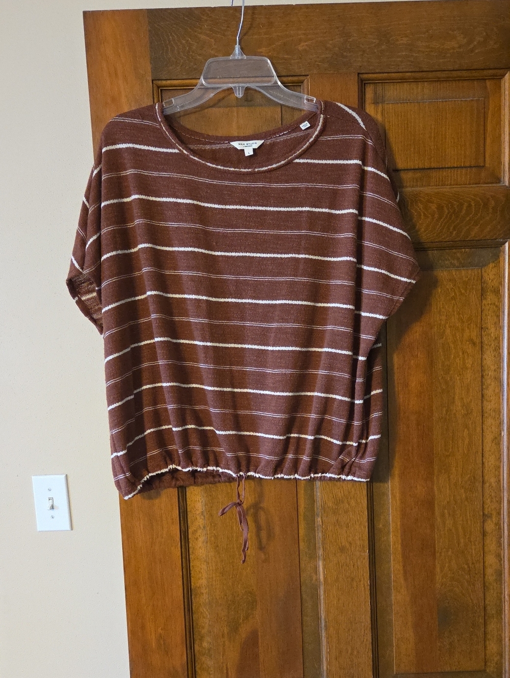 Max Studio Brown Striped Drawstring Hem Top